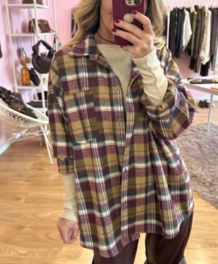 Maxi camicia felpata bordeaux e olio